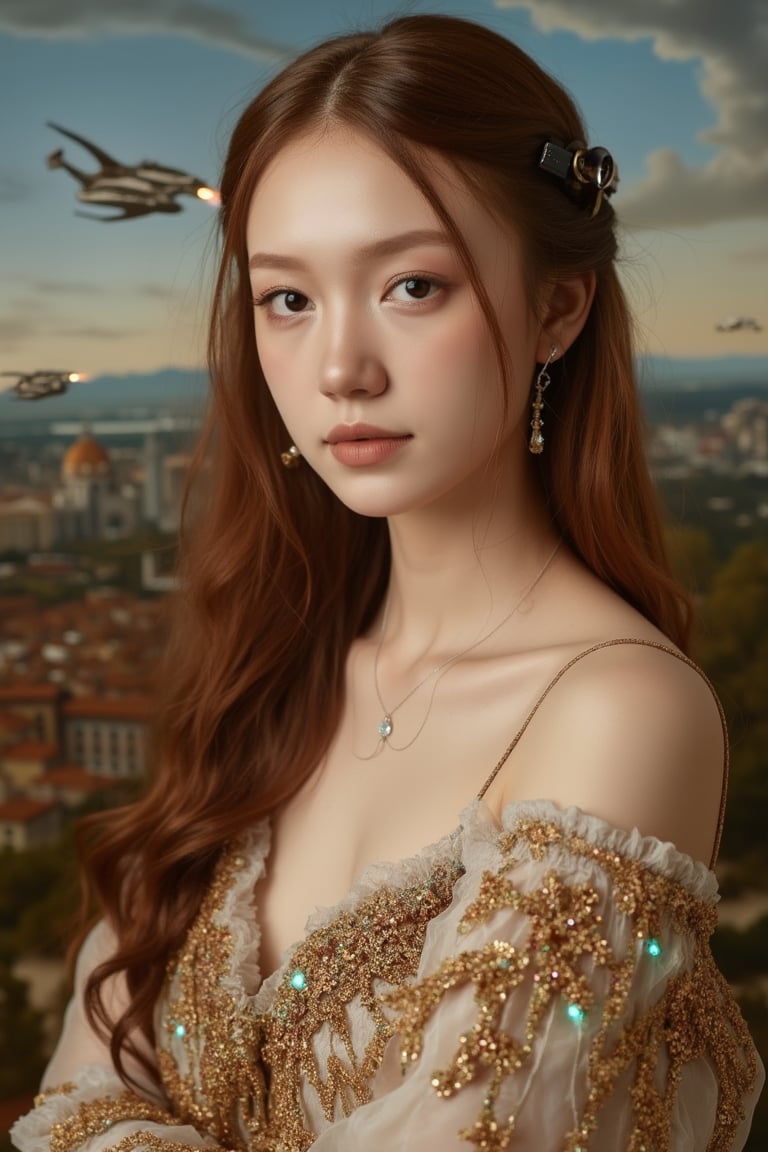 	
A portrait in the style of a Renaissance master, but with subtle futuristic elements seamlessly integrated. The subject, a young woman with flowing auburn hair and piercing blue eyes, wears a richly embroidered gown reminiscent of the Italian Renaissance. However, her jewelry incorporates glowing LEDs and holographic projections, and a sleek, chrome headset rests on her ear. The background features a classical Italian landscape, but with futuristic flying machines soaring through the sky. Use a warm, earthy color palette typical of Renaissance paintings, but with hints of cool blues and metallics to represent the futuristic elements. The overall effect should be a harmonious blend of old and new, showcasing the timeless beauty of classical art with a hint of futuristic intrigue.