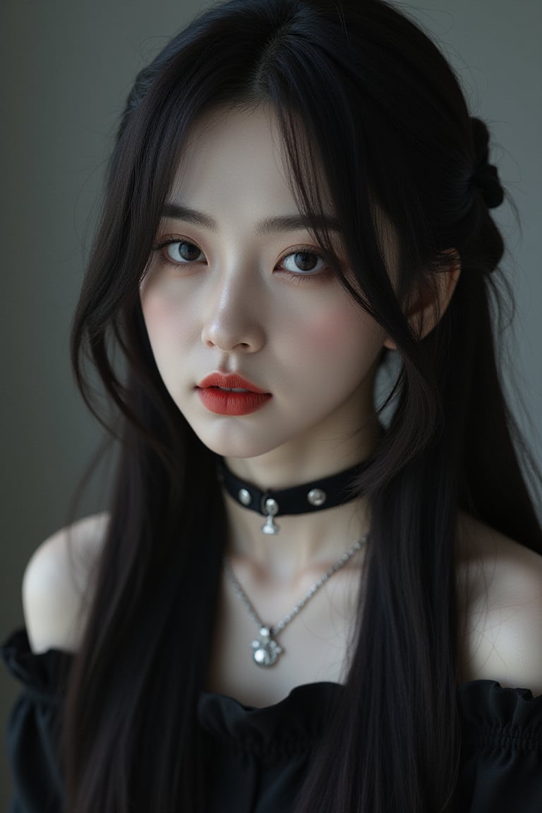 masterpiece, best quality, photorealistic, high resolution, 8K raw photo, Half-body shot, white skin, Asian Girl, elegant, thoughtful, reddish yellow lips, gothic, emo, dark, rock clothing, ((loose hair, black with white color)),Enhanced all,wonder beauty