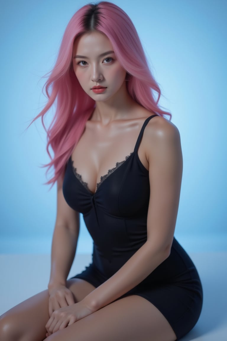 Against a soft, gradient blue background, a stunning woman with long, flowing pink hair sits confidently, her piercing gaze directly addressing the viewer. Her porcelain skin glows under photorealistic lighting, highlighting the curves of her toned physique clad in a sleek black bodysuit. A delicate, lace-trimmed dress drapes elegantly over her shoulders, its subtle sheen adding depth to the scene. The subject's beauty is captivating, drawing the viewer's attention with an unspoken invitation.,Enhanced all