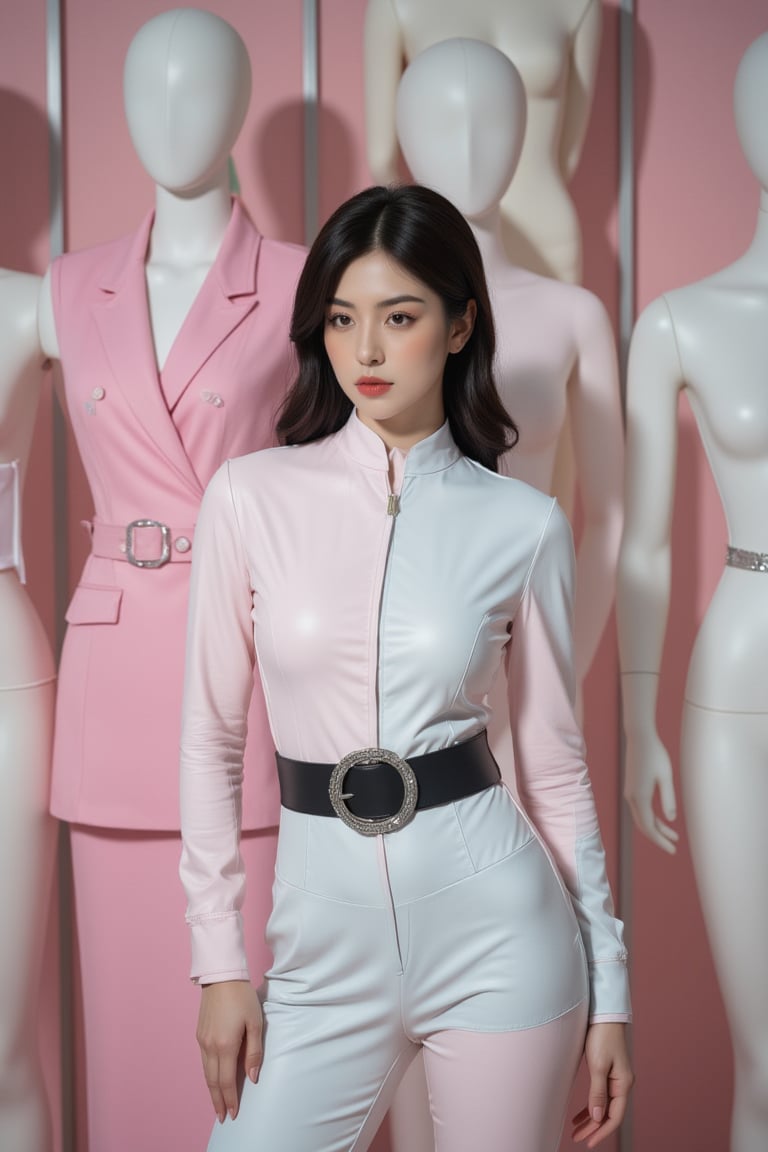 A woman stands confidently before a blurred mannequin backdrop, wearing a striking pastel leather jumpsuit. A black belt with a silver buckle accentuates her silhouette, while her sleek bob and piercing gaze command attention. She poses showing her body curves very  amazing. The bold, high-contrast composition juxtaposes the soft colors of her outfit against the fuzzy backdrop, creating a dramatic fashion statement.