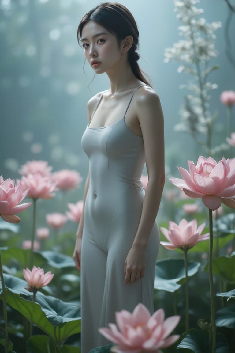 A statuesque figure stands tall amidst a serene backdrop of pink lotuses, bathed in soft, cool-toned light that highlights vibrant hues and tactile textures. The subject confidently poses with sharp lines and defined curves, its high-definition skin texture seemingly within reach, as the isometric composition guides the viewer's gaze to trendy fashion elements harmoniously aligned, frozen in a moment of artful stillness.