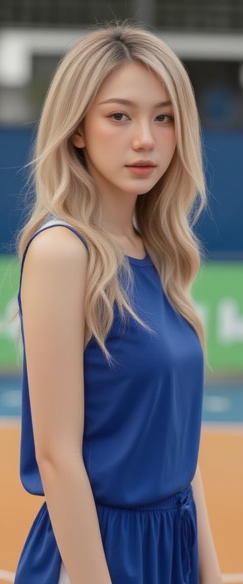 ((Generate hyper realistic full body portrait of  captivating scene featuring a stunning 20 years old girl,)) ((semi side view,)) with medium long blonde hair, flowing curls, little smile, donning a blue basketball  jersey, on a Olympic basketball court,  piercing, blue eyes, photography style , Extremely Realistic,  ,photo r3al,action shot