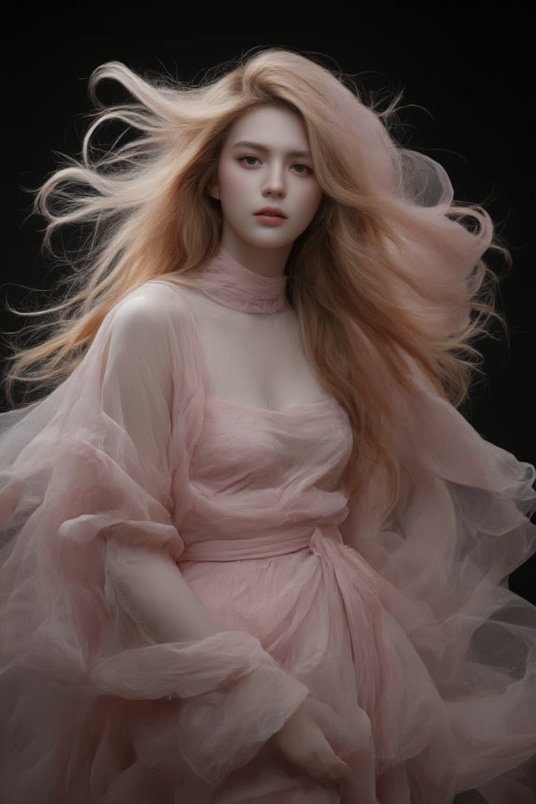 The image showcases a portrait of a person with a stylized appearance. The individual is adorned with a voluminous, flowing mane of hair that resembles a cloud or smoke, blending soft pink and white hues. This mane seems to be an extension of the person's hair, swirling around them in a fluid motion. The attire appears to be a sheer garment, possibly made of chiffon, which complements the ethereal quality of the scene. The background is dark, which accentuates the subject and the smoke-like hair. The overall impression is one of grace and otherworldliness, as if the person is emerging from a dream or a mist.