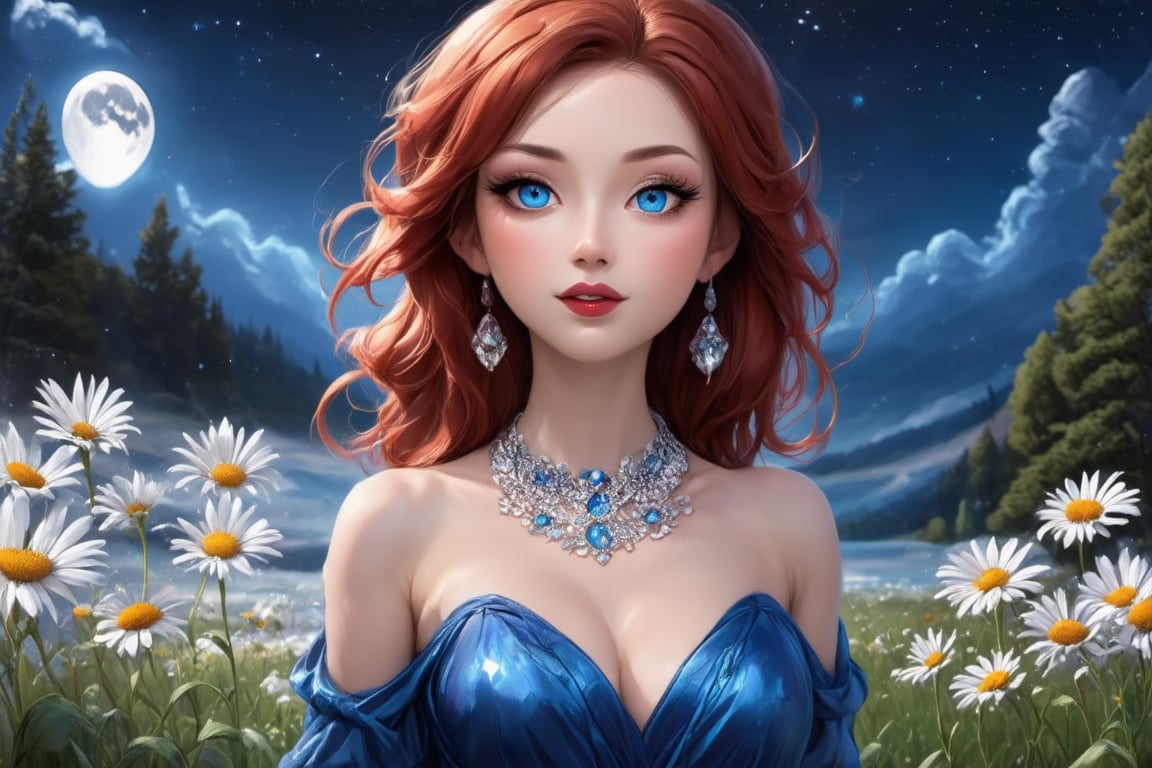 The image is a digital artwork that combines elements of fantasy and nature. The central figure is a woman with a fair complexion, depicted in a stylized manner with exaggerated features such as large blue eyes and full lips. She is dressed in an elegant blue gown adorned with what appears to be a sparkling necklace. The setting is a night sky with a large, detailed moon and stars, suggesting a magical or otherworldly atmosphere. In the foreground, there is a field of wildflowers, adding a sense of tranquility and natural beauty to the scene. The overall composition creates a sense of wonder and enchantment.,Supreme Realistic,Asian Best Face Ever,Enhanced Realistic,Indochina,redhead