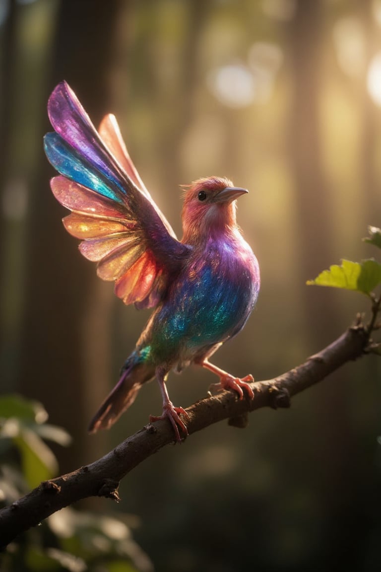 In a whimsical forest glade, a masterpiece of a creature comes alive: the Colorful-Glass Carving Sparrow perched on a tree branch, its XL-sized glass wings shimmering with glitter and gbaywing. Cinematic lighting casts a warm glow, accentuating the vibrant colors of its iridescent feathers as it poses in mid-air, its colorful-glass wing glinting with an otherworldly sheen.