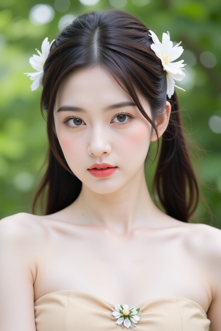 A close-up shot of a young Asian woman with long dark brown hair and two white flowers in her hair. She is wearing a beige strapless dress with a floral design on the front. Her eyes are a piercing blue and her lips are a darker pink. Her hair is pulled back in a ponytail. The background is blurred, but there are green trees in the background.,wonder beauty