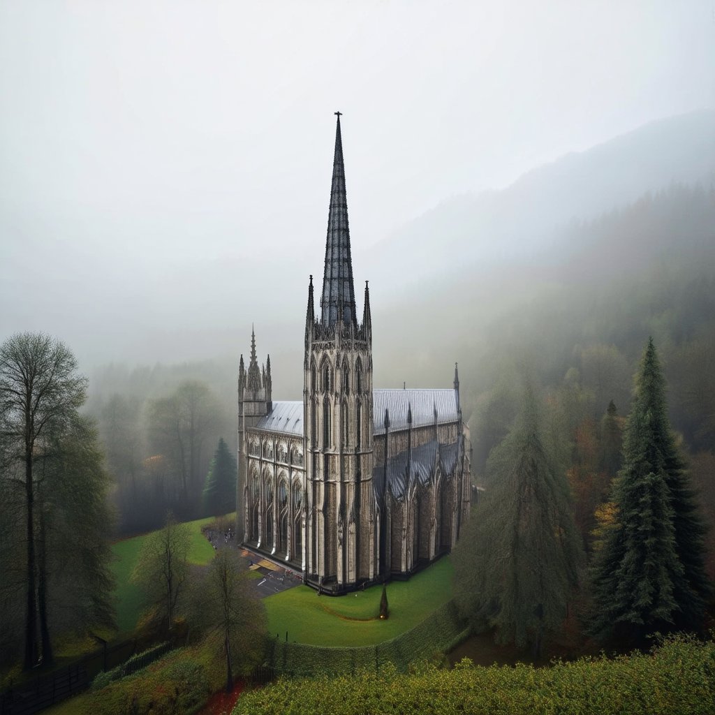 A misty forest scene featuring an old gothic cathedral with intricate stonework and towering spires. The cathedral is partially obscured by the dense fog, creating an eerie and mystical atmosphere. The lighting is soft and diffused, enhancing the cathedral's gothic architecture. The composition captures the cathedral's grandeur amidst the natural beauty of the forest, with trees and fog blending seamlessly around it.