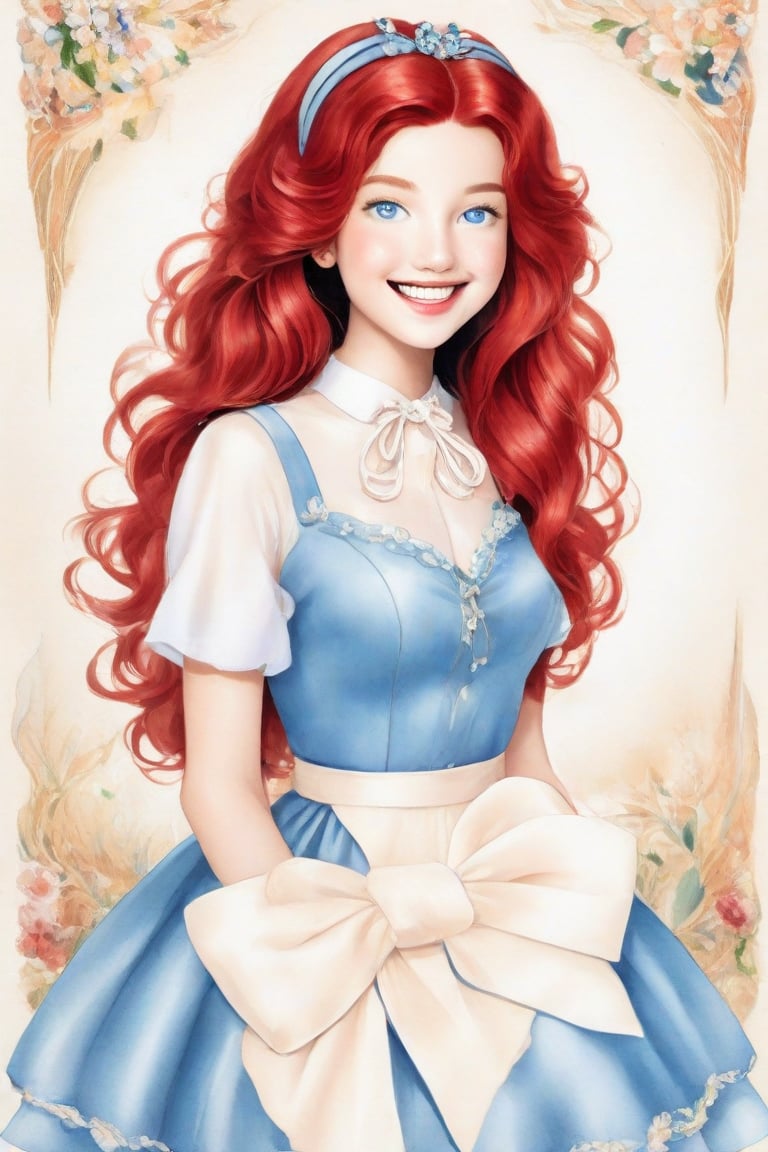 (Author Conrad Rosset), (1949s, 17-year-old girl, cute smile, blue eyes, long curly hair, blue hair, white ribbon, wink), mixed color watercolor, drawing, (deliberately beautiful),Cartoon,redhead,Elite beauty,Supreme,1girl