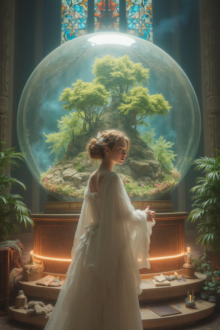 Title: "Divine Harmony: A Priestess and the Enchanted Ecosystem"
In this award-winning photo masterpiece, a solo girl stands in a dynamic action pose, surrounded by an ultra-detailed and vibrant environment. The HDR, UHD, and 16K resolution capture every mesmerizing detail, creating a stunningly realistic and immersive experience.
The girl, a delicate and cute teenager with iridescent brown hair, possesses big dream-like eyes, perfectly crafted fingers, and a flawless face with a shy blush. Her eyes, vibrant and full of life, draw viewers into her captivating gaze. The lens flare adds a touch of magic to the photo, enhancing the dreamy atmosphere.
The lighting and shadows are perfectly balanced, creating a stunning play of light that accentuates the girl's beautiful and shiny skin. Her slightly smiling expression radiates warmth and charm, making her presence all the more captivating.
In this extra-wide shot, a giant glass sphere containing a small ecosystem takes center stage. Surrounding the sphere are various measurement devices, highlighting the scale of the factory where it is installed. The attention to detail is extraordinary, with intricate illustrations and delicate linework adorning the sphere's surface. Whimsical patterns and enchanting scenes within the sphere tell a captivating story of nature's harmony.
Standing next to the sphere is the girl, dressed in ceremonial robes, a girl Priestess with divine magic at her command. She holds sacred texts and carries out blessing rituals, using her healing spells to bring harmony to the ecosystem within the sphere. The atmosphere is further enhanced by the presence of incense, adding a touch of mysticism to the scene.
Against a backdrop of a church and stained glass windows, the interior is intentionally messy, representing the creative chaos of the girl's divine work. A book lies open, revealing elemental features and secrets waiting to be discovered.
The entire composition is illustrated in a pink gold style, enhancing the visual appeal with its vivid colors and stunning light. The level of detail is truly insane, with the scene bursting with life and intricate elements.
"Divine Harmony: A Priestess and the Enchanted Ecosystem by kyo8sai 2024-06-11.  " is a breathtaking fusion of art and storytelling. Through its high-quality and realistic illustrations, it invites viewers into a world where magic and nature intertwine, captivating their imagination and leaving them in awe.Geometry,zentangle,1girl,Ruffled dress with bows,