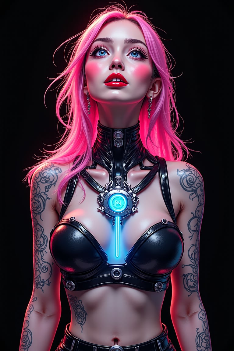 In a sleek black isometric frame, a stunning cyberpunk beauty rises from the shadows, her porcelain-white skin radiant against the dark backdrop as pink hair flows down her shoulders like a fiery aurora. Robotic steampunk designs on her limbs resemble intricate tattoos, while a luxury logo glows with metallic filigree and blue accents on her chest, evoking high-fashion sophistication in this futuristic tableau.,anime