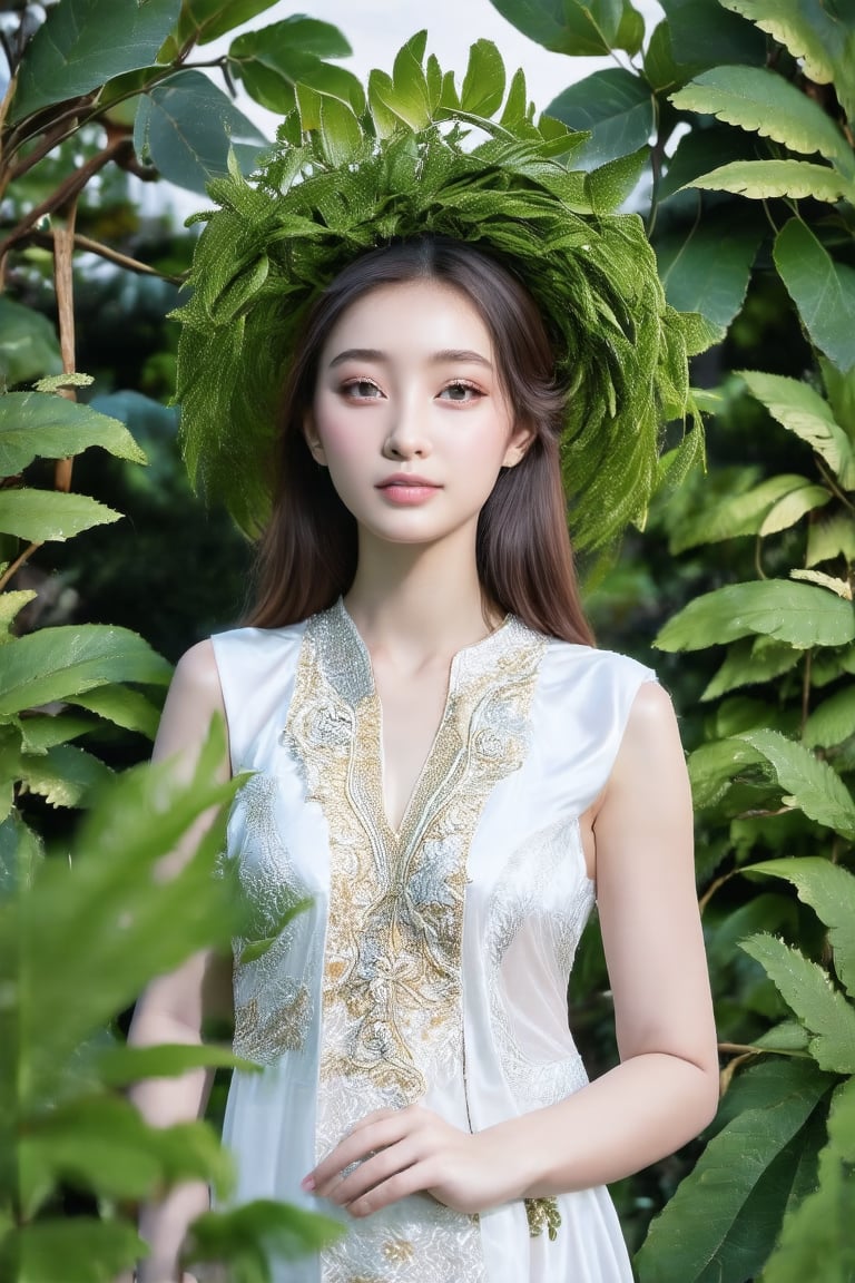 A serene young woman stands amidst lush green foliage, with leaves framing her made-up face like a verdant halo. Her white attire blends with the surroundings as she gazes directly at the camera, her eyes sparkling with subtle intensity. The vibrant greens and natural textures of the environment harmonize with her calm presence, captured in a moment of quiet beauty.