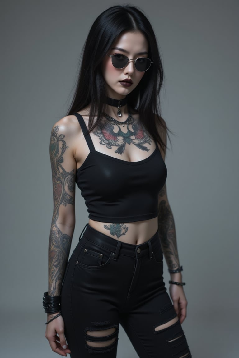 fullbody, Female goth with pale skin, long straight black hair, dressed in black ripped jeans with a black cropped tanktop, sunglasses, black lipstick, tattooed, tattooed face, tattooed body,