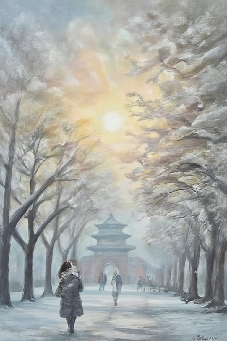 A serene Beijing winter scene unfolds before us, a delicate watercolor painting capturing the misty morning hues of frozen lakes and snow-kissed trees. The Forbidden City's grandeur is shrouded in a veil of fog, while the ancient walls stand vigilant against the biting cold. In the foreground, a lone figure bundled in layers hurries to find warmth, their breath visible in the chilly air.,luxury style,Enhanced all