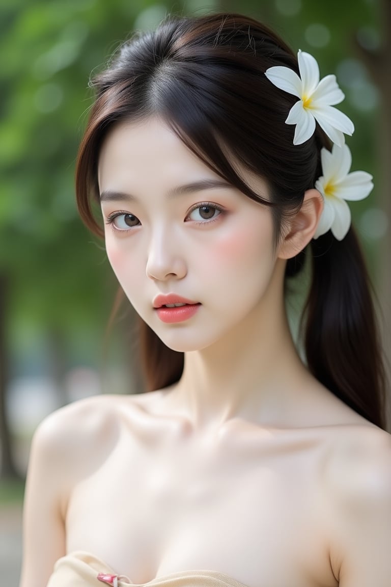 A close-up shot of a young Asian woman with long dark brown hair and two white flowers in her hair. She is wearing a beige strapless dress with a floral design on the front. Her eyes are a piercing blue and her lips are a darker pink. Her hair is pulled back in a ponytail. The background is blurred, but there are green trees in the background.,wonder beauty