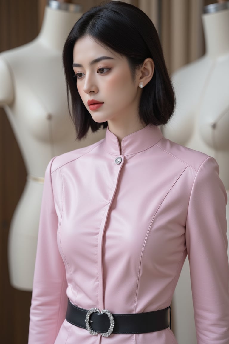 A woman stands confidently before a blurred mannequin backdrop, wearing a striking pastel leather jumpsuit. A black belt with a silver buckle accentuates her silhouette, while her sleek bob and piercing gaze command attention. The bold, high-contrast composition juxtaposes the soft colors of her outfit against the fuzzy backdrop, creating a dramatic fashion statement.