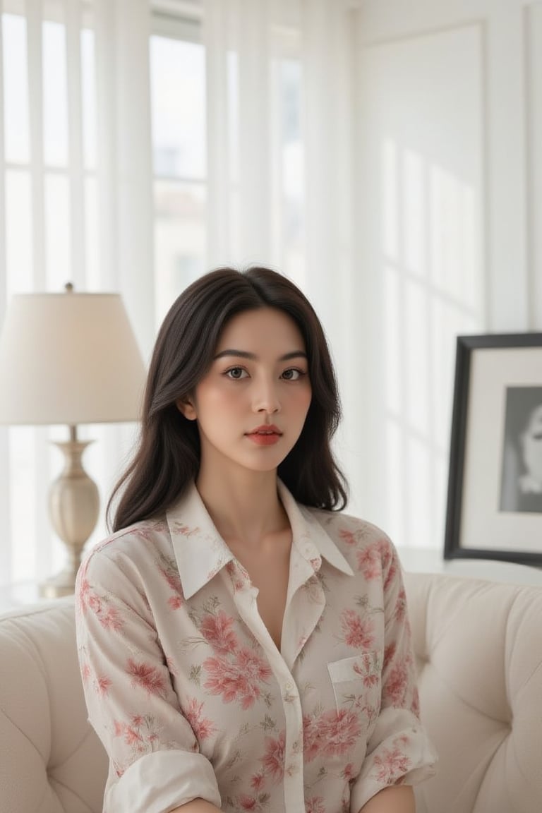 A serene woman sits elegantly on a plush white sofa, her dark hair flowing like silk over her shoulders. She wears a flowery shirt with a crisp white collar and delicate necklace. Her left hand rests on her hip, grounding her posture. The sofa's ruffles add tactile interest to the composition. Against the stark white backdrop, vertical blinds conceal the window, while a lamp shade and black-and-white photograph create visual intrigue beside her. Soft light falls from above, casting gentle shadows on her face. The overall atmosphere is tranquil, inviting the viewer to step into her perfect world of fashion.