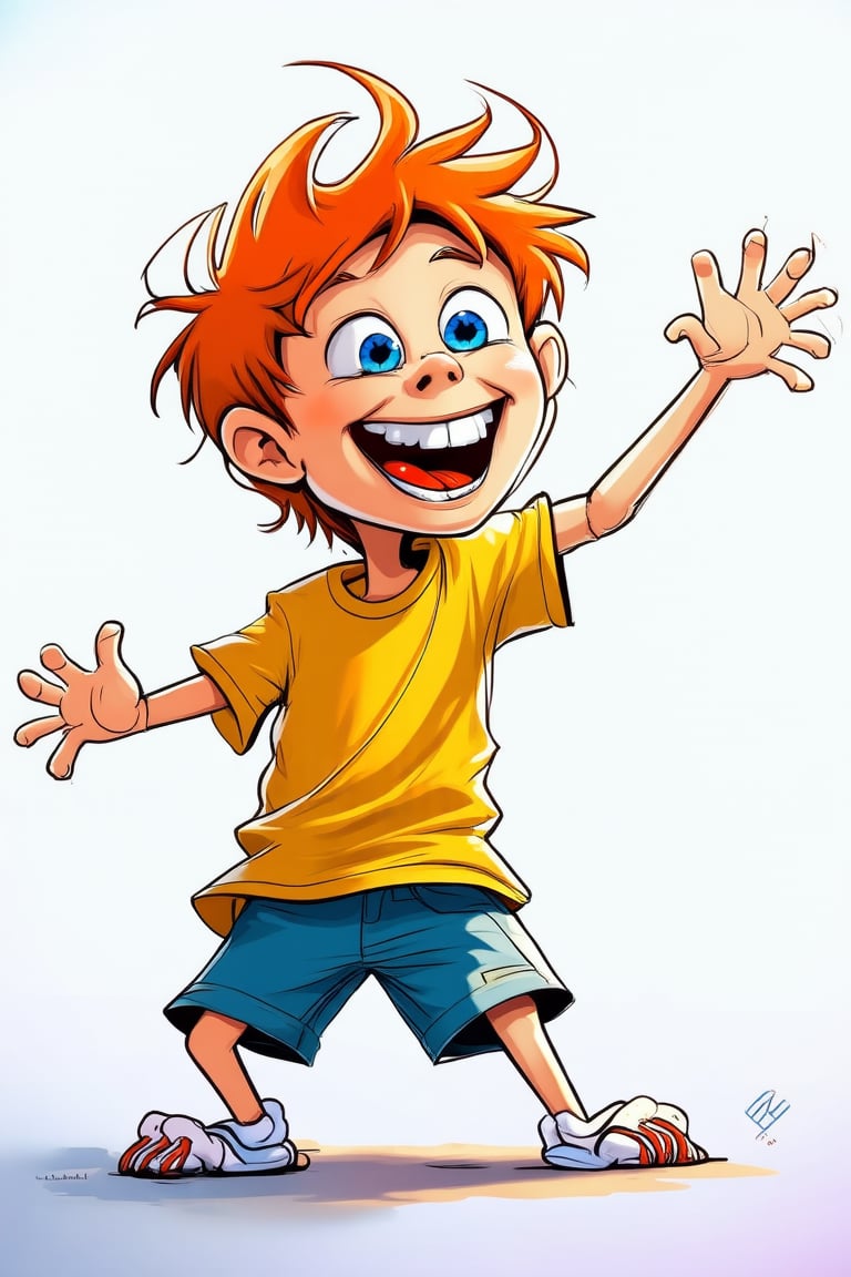 solo, smile, open mouth, blue eyes, simple background, shirt, 1boy, white background, male focus, shorts, teeth, orange hair, bandaid, yellow shirt, male child