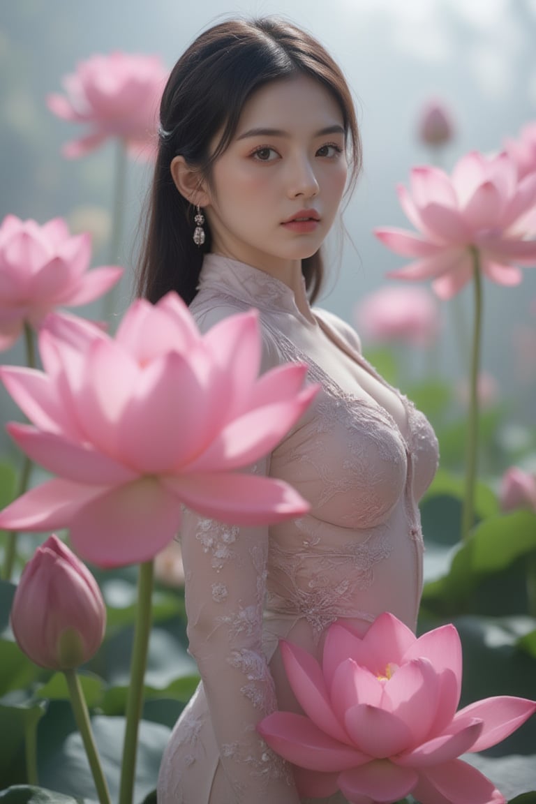 A statuesque figure emerges against a mesmerizing backdrop of pink lotuses, basking in a soft, cool-toned backlight that accentuates vibrant hues and tactile textures. Confidently posed with sharp lines and defined curves, the subject radiates perfection, its high-definition skin texture seemingly within reach. The isometric composition guides the viewer's gaze to trendy fashion elements harmoniously aligned, as if frozen in a moment of artful stillness.