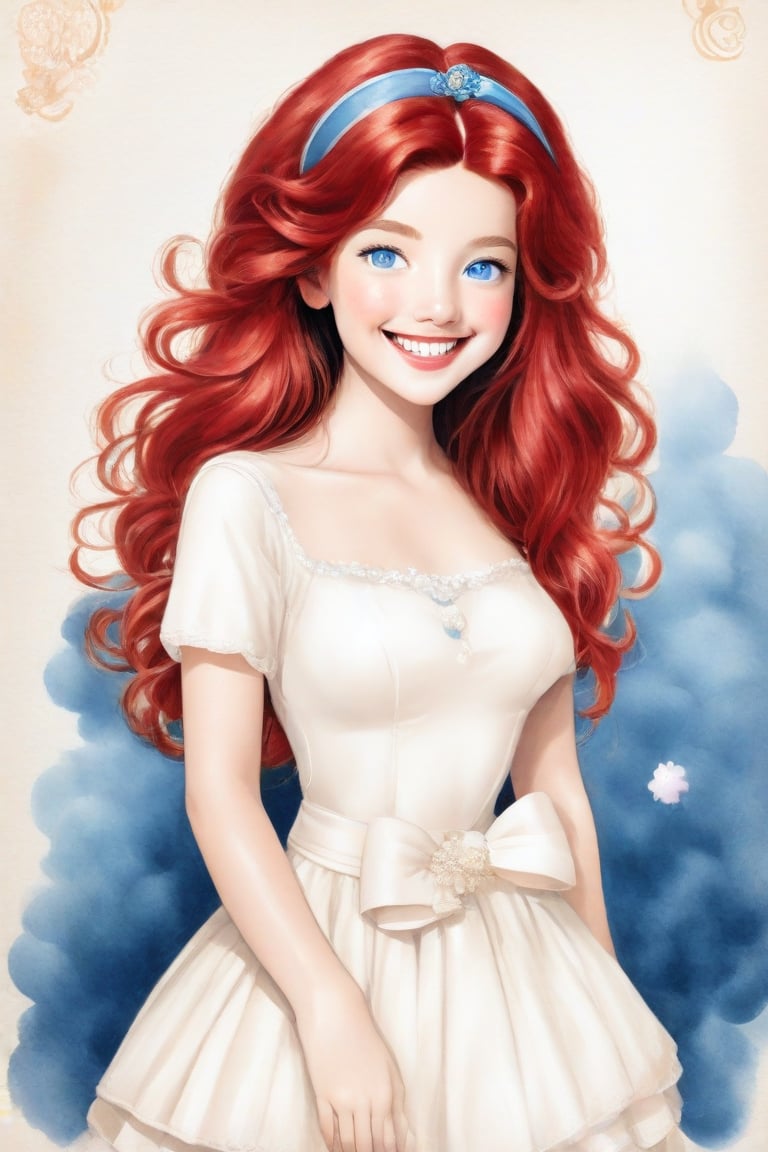 (Author Conrad Rosset), (1949s, 17-year-old girl, cute smile, blue eyes, long curly hair, blue hair, white ribbon, wink), mixed color watercolor, drawing, (deliberately beautiful),Cartoon,redhead,Elite beauty,Supreme,1girl