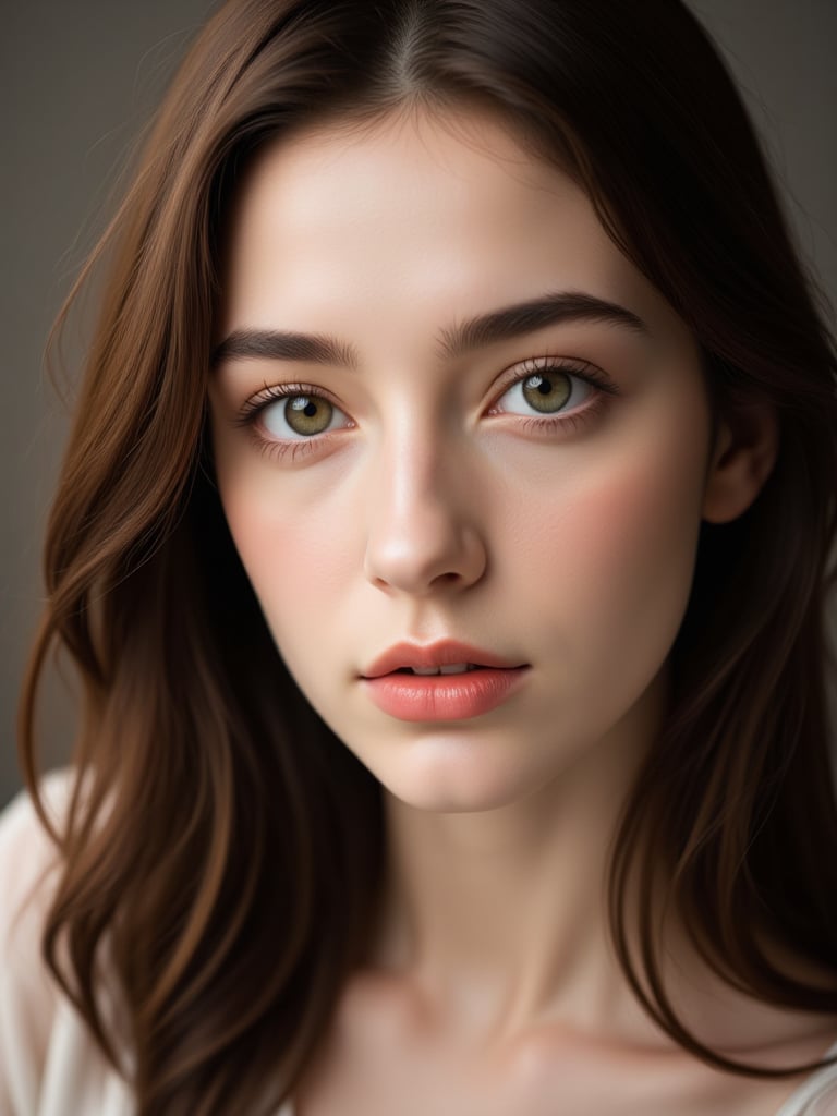 portrait of a young woman. she is looking up at the camera. her shoulder length brown hair frames her face. she is confident. natural beauty. beautiful green eyes with a little brown ring in her iris. catchlights in the eyes. full lips. The image has a neutral color tone with natural light setting. f/5.6 50mm, close-up, sharp focus, (Best Quality:1.4), (Ultra realistic, Ultra high res), Highly detailed, Professional Photography