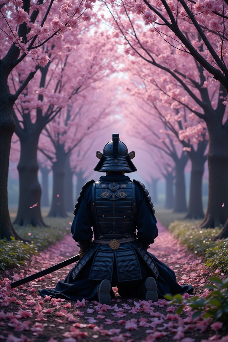 Samurai kneels, ancient armor worn, sword drawn, reflective gaze amidst falling cherry blossoms in a dense Cherry Blossom Grove, bathed in twilight's ethereal glow as petals carpet the ground. The mystical ambiance is palpable. In the background, Aokigahara Forest's towering trees cast long shadows, a faint mist envelops the silence, and hidden depths remain unseen.