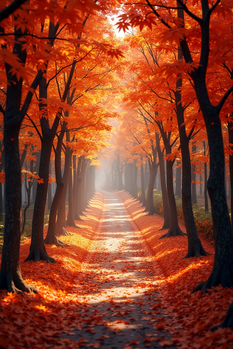 In autumn, orange and red maple leaves form a beautiful picture, subtle and charming light and shadow effects, a dream-like scene, infinite possibilities in the digital world, ultra-realistic, ultra-clear, complex details, ultra-wide-angle lens 16k