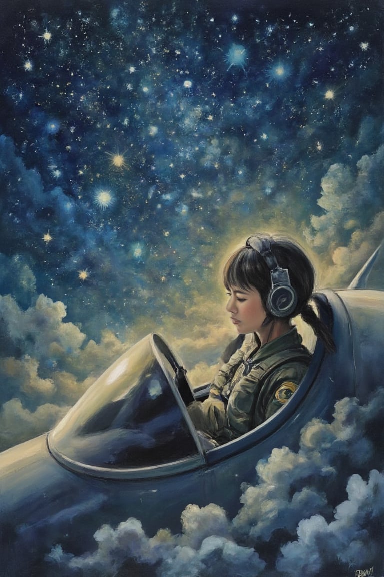 Ethereal masterpiece: A stunning 1-girl composition, featuring an exquisite, high-quality illustration of a beautiful and aesthetically pleasing female pilot seated within the curves of a sleek, crescent-shaped plane. The aircraft soars against a breathtakingly starry night sky, where each detail shines with exceptional quality. Extreme close-up captures every nuance of her profile, from the delicate lines of her face to the intricate details of her flight suit and equipment. Lighting is dramatic, with a soft, luminescent glow emanating from within the plane, complemented by the vibrant starlight above, creating a truly breathtaking, top-quality artwork.