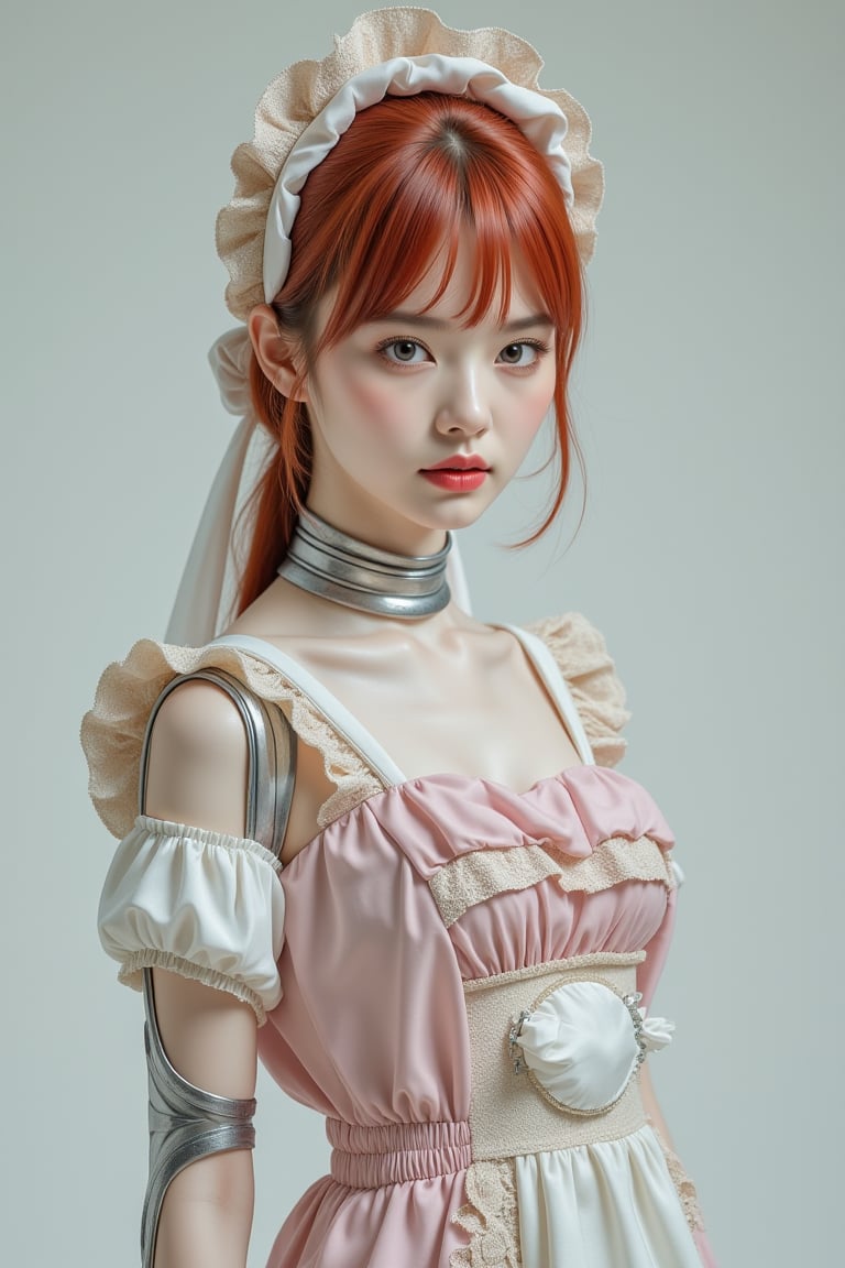 A young woman with vibrant red hair, dressed in a unique fusion of styles. She wears a baby outfit, including a soft, pastel onesie with frills and a bonnet, blended with the elegant attire of a Victorian maid, featuring a lace apron and puffed sleeves. Her appearance is further enhanced by robotic elements, with metallic arms and legs, and glowing circuits running through her outfit.