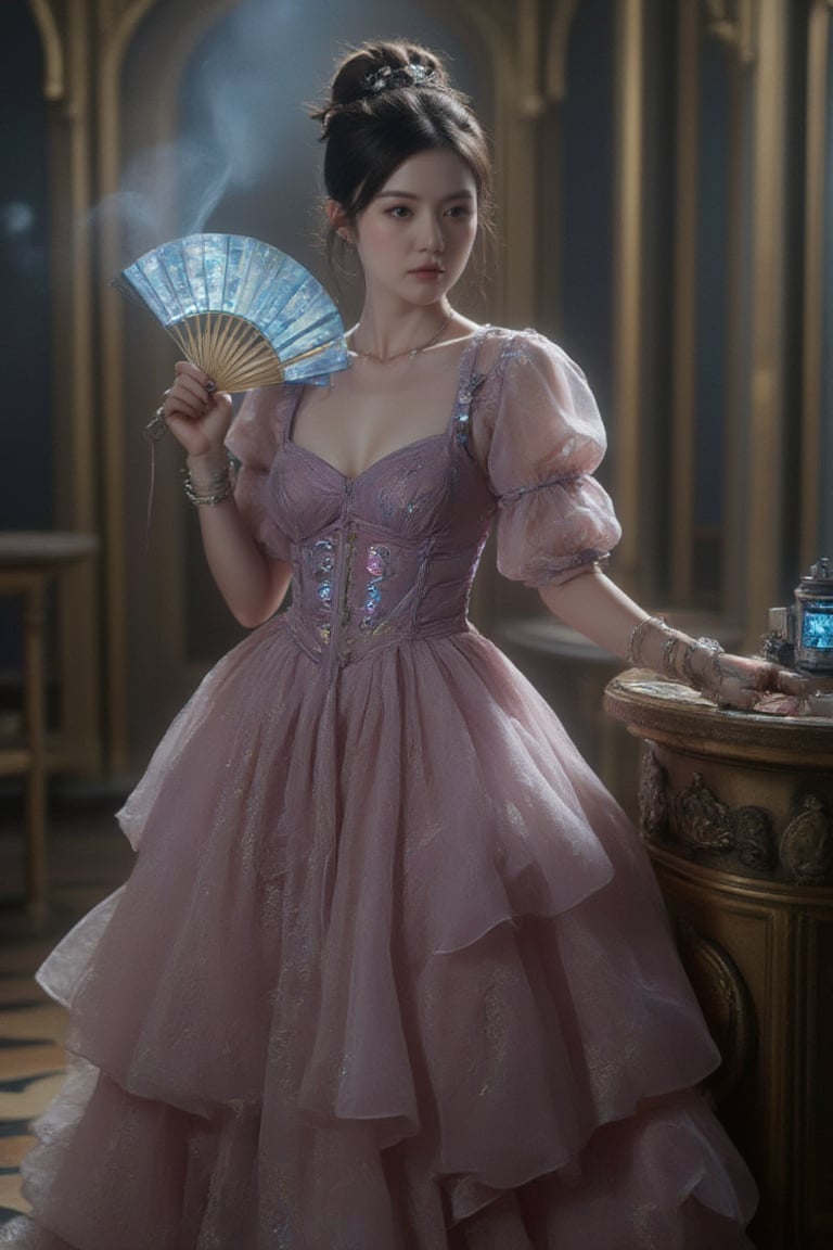 In a dimly lit, ornate chamber with gilded archways and neo-baroque fixtures, a Nordic girl stands out in an extravagant Neo-Rococo cyberpunk ensemble. She wears a pastel-hued dress with an oversized ruffled skirt, intricate lace patterns woven with glowing fiber optics that seem to pulse with a soft blue light. Her puffy sleeves feature holographic accents that shimmer and dance across her skin. The corset-style bodice showcases miniature LED displays and touch-sensitive panels, adding a touch of high-tech whimsy.

Her hair is styled in a complex updo, adorned with cybernetic accessories and neon streaks that seem to hum with energy. Her pale skin glows with subtle, iridescent makeup that catches the light. She wears chunky platform shoes with built-in screens that display a mesmerizing array of digital patterns.

In her hand, she holds an ornate handheld fan that doubles as a holographic projector, casting a miniature, ethereal world into the air. Delicate cybernetic implants at her temples and wrists glimmer like tiny jewels, adding to the overall aura of futuristic elegance.