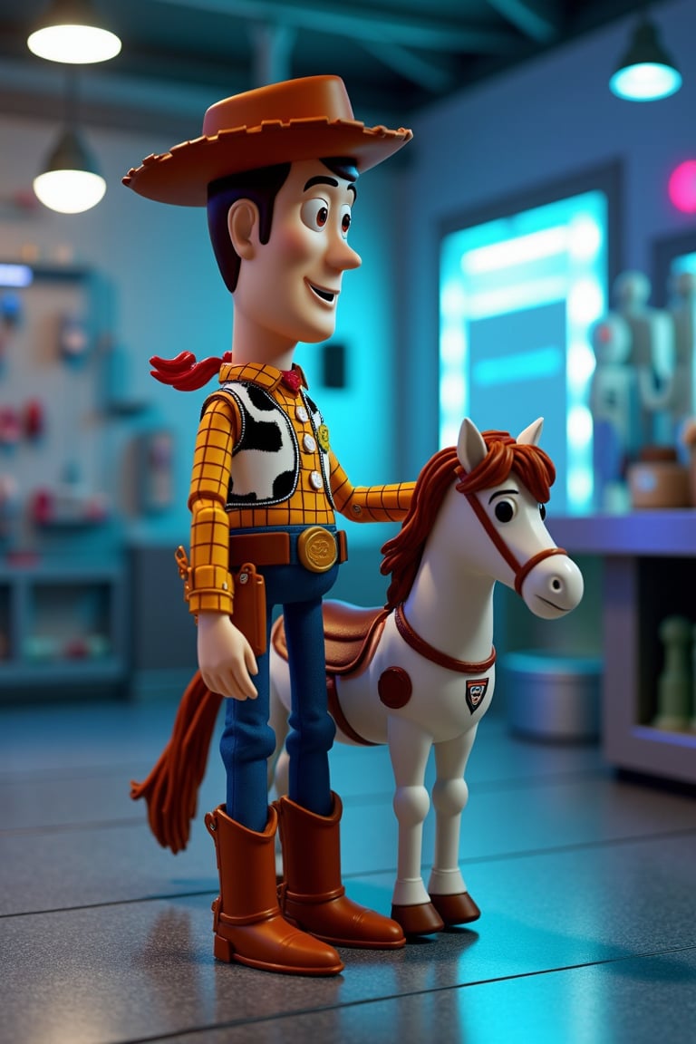 A futuristic laboratory setting with a sleek, metallic floor and gleaming workstations. Woody, in ultra-realistic detail, stands at attention, his cowboy hat and boots precision-crafted to perfection. His iconic pull-string horse, Bullseye, sits proudly by his side. Soft, luminescent lighting casts an otherworldly glow on the pair as they stand amidst a backdrop of futuristic gadgetry and tubes, with hints of blue and purple hues.