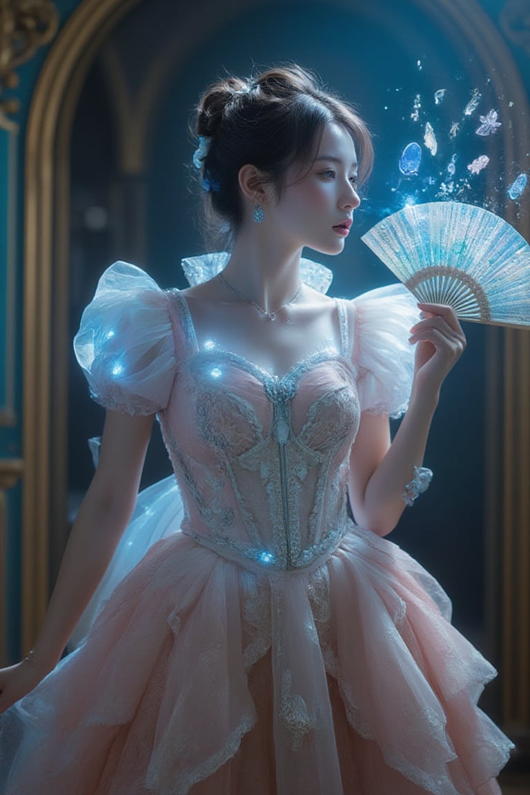 In a dimly lit, ornate chamber with gilded archways and neo-baroque fixtures, a Nordic girl stands out in an extravagant Neo-Rococo cyberpunk ensemble. She wears a pastel-hued dress with an oversized ruffled skirt, intricate lace patterns woven with glowing fiber optics that seem to pulse with a soft blue light. Her puffy sleeves feature holographic accents that shimmer and dance across her skin. The corset-style bodice showcases miniature LED displays and touch-sensitive panels, adding a touch of high-tech whimsy.

Her hair is styled in a complex updo, adorned with cybernetic accessories and neon streaks that seem to hum with energy. Her pale skin glows with subtle, iridescent makeup that catches the light. She wears chunky platform shoes with built-in screens that display a mesmerizing array of digital patterns.

In her hand, she holds an ornate handheld fan that doubles as a holographic projector, casting a miniature, ethereal world into the air. Delicate cybernetic implants at her temples and wrists glimmer like tiny jewels, adding to the overall aura of futuristic elegance.