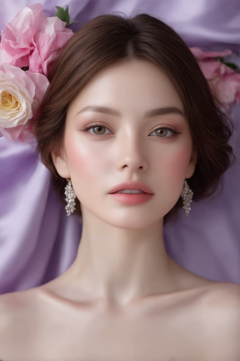 The image is a portrait of a woman who appears to be styled for a beauty shoot. TA beautiful and very nice face off character's attire and the presence of flowers suggest a theme that could be associated with spring or romance. The soft focus on the background puts the emphasis on the woman, highlighting her features and the fabric she is wearing. The color palette is composed of soft pinks and purples, which contribute to the overall gentle and serene mood of the image. There is no text present in the image to provide additional context.,Elite beauty,Realistic Enhance