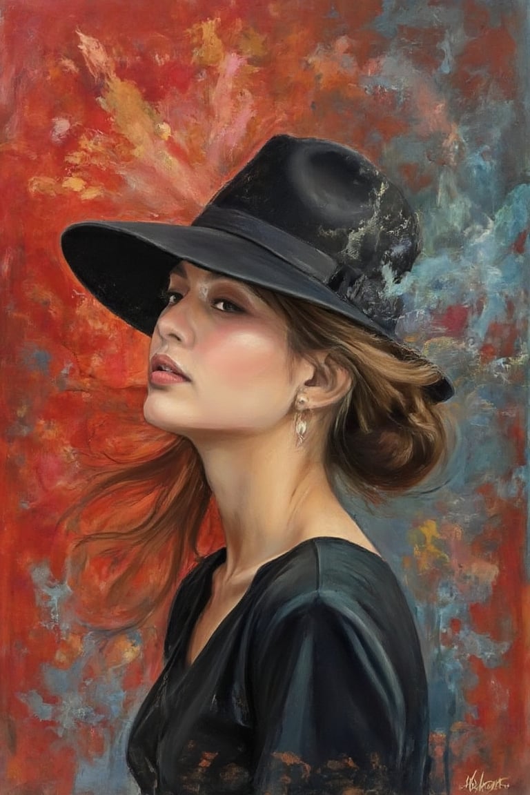 A luxuriously styled portrait of a woman wearing a sportive hat amidst an abstract red background with a fantastic blue gradient. The subject's hair flows away from her head in wispy strands, transforming into powder-like particles as it moves. Thick brushstrokes add texture and dimension to the heavy, unstructured strokes, capturing the essence of this enigmatic woman.