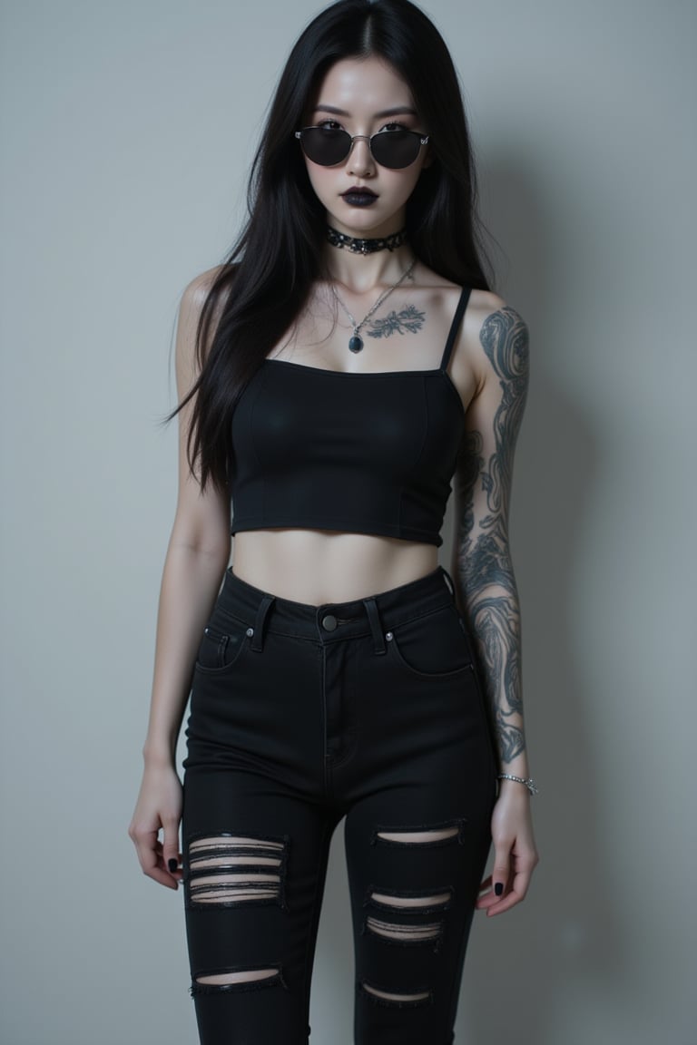 fullbody, Female goth with pale skin, long straight black hair, dressed in black ripped jeans with a black cropped tanktop, sunglasses, black lipstick, tattooed, tattooed face, tattooed body,