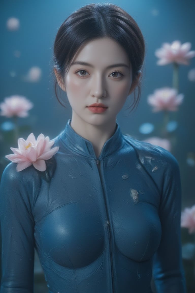 A statuesque figure emerges against a mesmerizing backdrop of pink lotuses, basking in a soft, cool-toned backlight that accentuates vibrant hues and tactile textures. Confidently posed with sharp lines and defined curves, the subject radiates perfection, its high-definition skin texture seemingly within reach. The isometric composition guides the viewer's gaze to trendy fashion elements harmoniously aligned, as if frozen in a moment of artful stillness.,luxury style