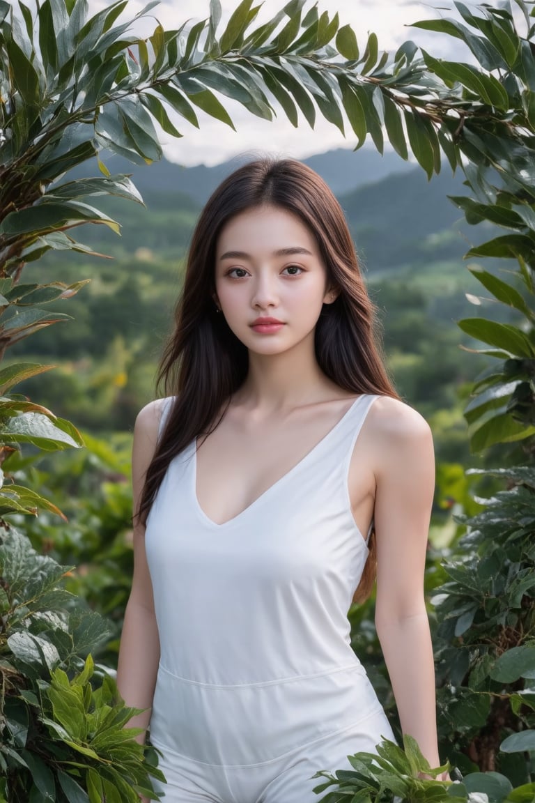 In the image, a young woman is the central figure, surrounded by lush green foliage that suggests a natural, possibly tropical environment. Her attire is minimalistic, with a white garment that adds to the serene and untouched aesthetic of the photograph. The woman's gaze is directed towards the camera, and we can see her made-up perfectly face with detailed. The leaves encircling her create a frame around her face, emphasizing her presence while also drawing attention to the rich textures and colors of the surrounding vegetation. The overall impression is one of harmony between the subject and her environment, captured in a moment of quiet beauty.,1girl