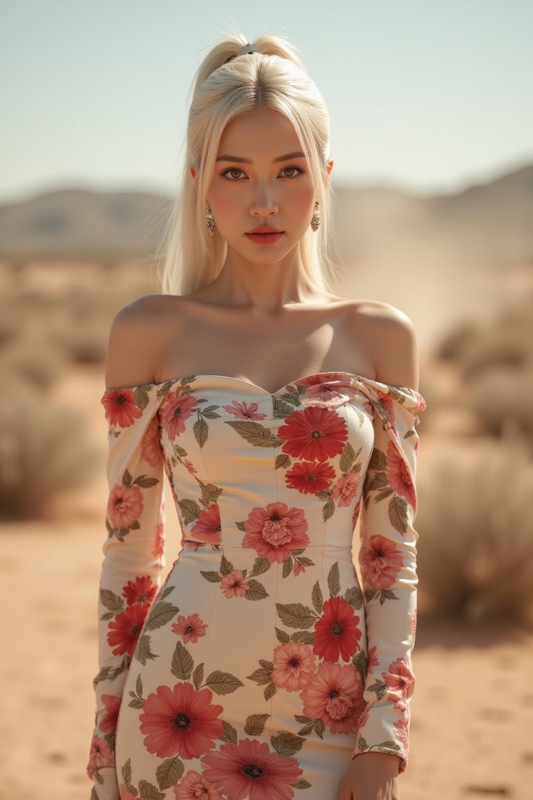 A stunning woman stands tall in a dusty cowboy setting, dressed in a knee-length floral print dress with long sleeves that exude elegance. Her snow-white hair is tied back in a sleek ponytail, framing her chiseled features and full lips that seem to beckon attention. A pair of dangling earrings glimmer in the sunlight as she stands confidently in a classic cowboy shot pose, her gaze directed straight ahead with an air of quiet determination. The vibrant flowers on her dress seem to pop against the earthy tones of the surrounding landscape, while the soft focus and warm lighting create a sense of gentle intimacy.,Enhanced all