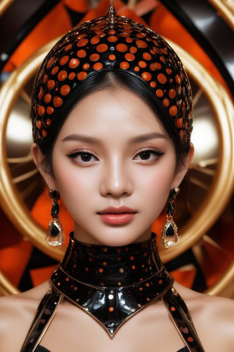 The image depicts a portrait of a person with stylized features. The a woman wears and wears black dots on her head, in the style of futuristic fantasy, 3d, metallic sculpture, elegant, emotive faces, dark Orange and red and light silver, The background is blurred with hints of gold tones, which serve to highlight the subject without distracting from the intricate details of the jewelry and makeup.,1girl,Supreme