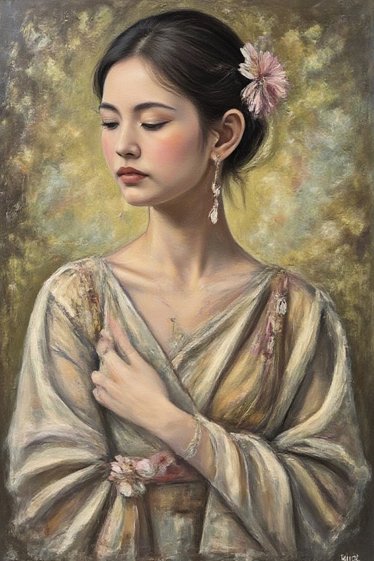 (masterpiece),  painting , best quality,good anatomy, (1 girl), beautiful, Pierre-Auguste Renoir ~ Paul Peel ~ John Singer Sargent ~ Alexandre-Jacques Chantron ~ John William Godward ~ John William Waterhouse ~ Han-Wu Shen ~ Ishitaka Amano ~ Chakrapan Posayakrit ~ Kim Jung Gi ~ Kei Mieno ~ Ikushima Hiroshi ~ WLOP ~ William-Adolphe Bouguereau ~ Alphonse Mucha ~Luis Royo ~ Jock Sturges photography ~ Range Murata ~ beautiful woman, Ancient Thailand,dashataran,ink ,style