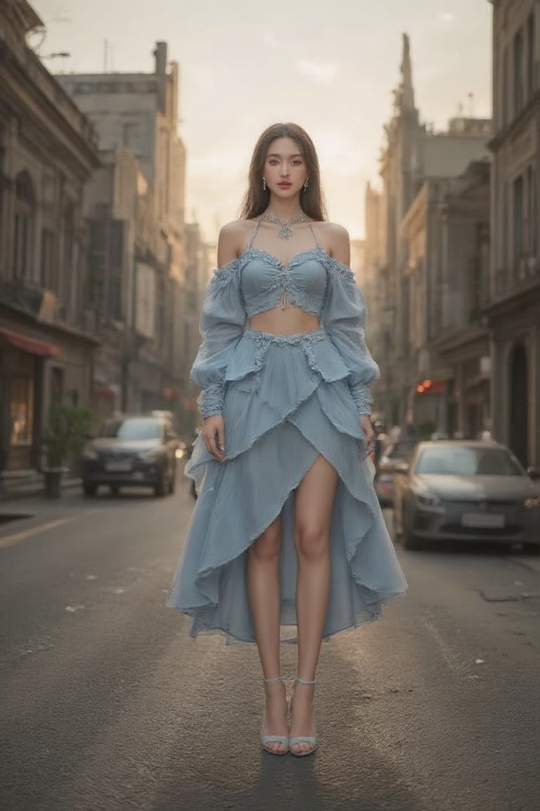 A cinematic photo of a stunning model dressed in light blue with open shoes, luxury dress, in the style of multi-layered textures, ornamental details, gothic core, highly detailed, photorealism, attractive and gorgeous beauty, while standing dominantly and confidently in a desolate place. , dark post-apocalyptic cityscape, capturing the stark juxtaposition of beauty and decay, with the model's perfect skin shining like a beacon of hope amidst the devastated cityscape. Photographed with a focused depth of field to blur the gloomy surroundings, emphasizing her striking, rebellious pose. full body, golden hour.