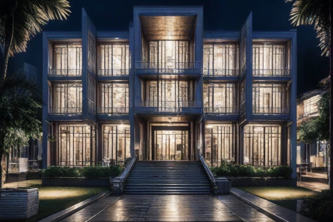 A 3D render of a modern public building, inspired by Vietnam's historical architecture.The composition is centered on the building's facade, showcasing its symmetry and geometric patterns. The lighting is bright and clear, highlighting the building's polished surfaces and glass panels.,Supreme,Indochina