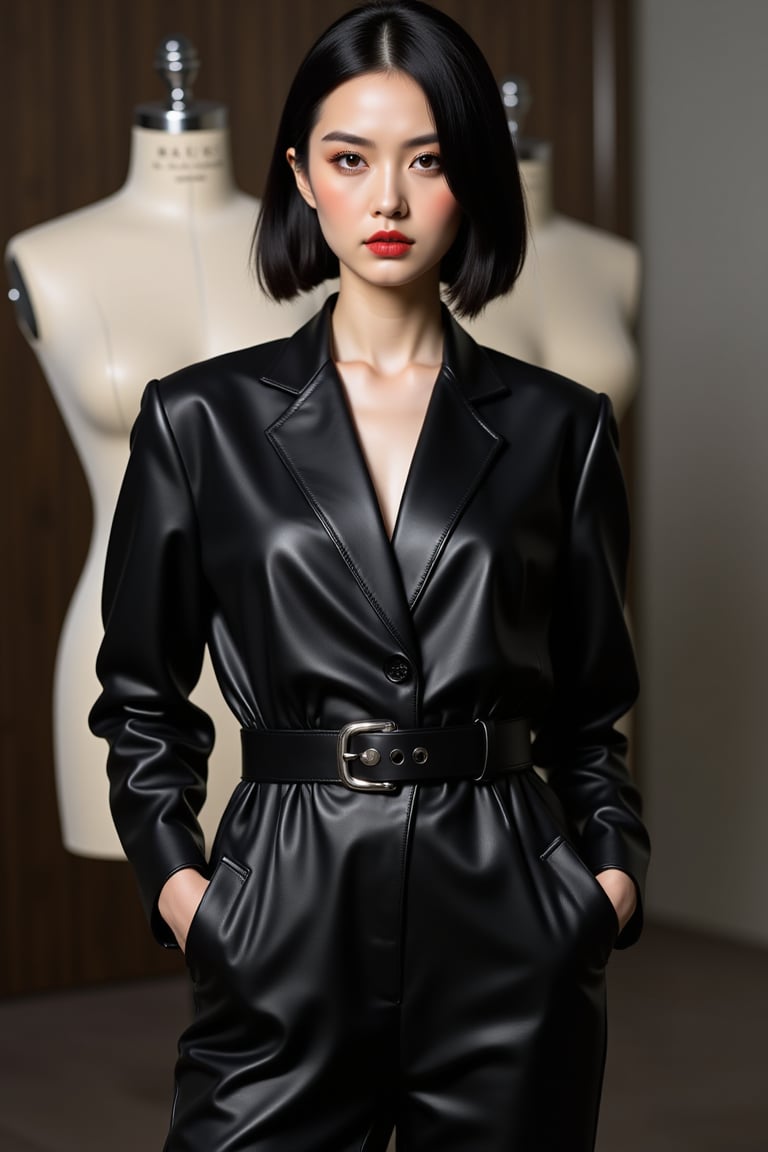 a woman dressed in a black leather jumpsuit stands in front of a backdrop of a mannequin. The woman's outfit is adorned with a black belt with a silver buckle, adding a pop of color to the scene. Her hair is styled in a sleek bob, and her eyes are focused on the viewer. The backdrop is blurred, creating a stark contrast to the black leather outfit.