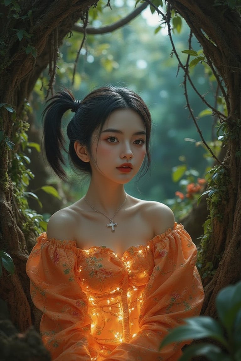 A digital artwork captures a young girl in awe as she stumbles upon an enchanted forest hidden beneath the surface, where warm terracotta hues gradually transition into cooler teal shades. Drawing inspiration from surreal narratives and whimsical landscapes, this piece showcases a protagonist whose luminous dress merges seamlessly with surrounding flora, her expression conveying serene amazement. From a unique angle, intricate patterns of roots and vines weave together to form an underground world that is both beautiful and enigmatic, reflecting the landscape's depth through its shifting color palette.,Best face ever,wonder beauty