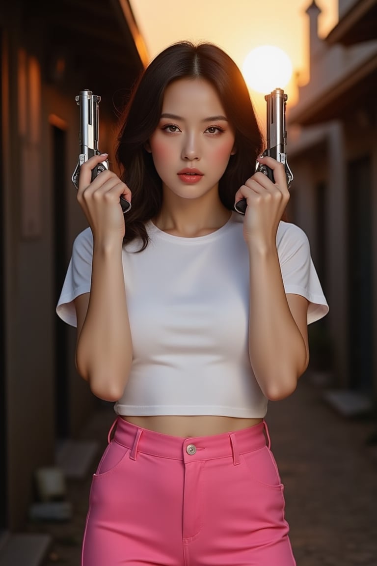 Go Min-sin stands confidently, her piercing gaze directed straight into the camera's lens as she holds a silver Colt pistol firmly in both hands. The pink tight trousers are scandalously short, accentuating her toned legs. A crisp white T-shirt provides a striking contrast to the dark alleyway behind her, where the setting sun casts a warm orange glow at dusk. Her bold pose and intense focus on the viewer create a sense of tension and empowerment.