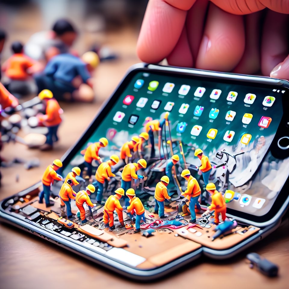 Create an detail image in which there is a group of miniature people are repairing a smartphone's internals,  with a tilt-shift effect to enhance realism, Miniature world, full detail.,Wonder of Art and Beauty