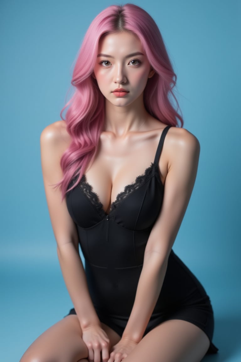 Against a soft, gradient blue background, a stunning woman with long, flowing pink hair sits confidently, her piercing gaze directly addressing the viewer. Her porcelain skin glows under photorealistic lighting, highlighting the curves of her toned physique clad in a sleek black bodysuit. A delicate, lace-trimmed dress drapes elegantly over her shoulders, its subtle sheen adding depth to the scene. The subject's beauty is captivating, drawing the viewer's attention with an unspoken invitation.,Enhanced all