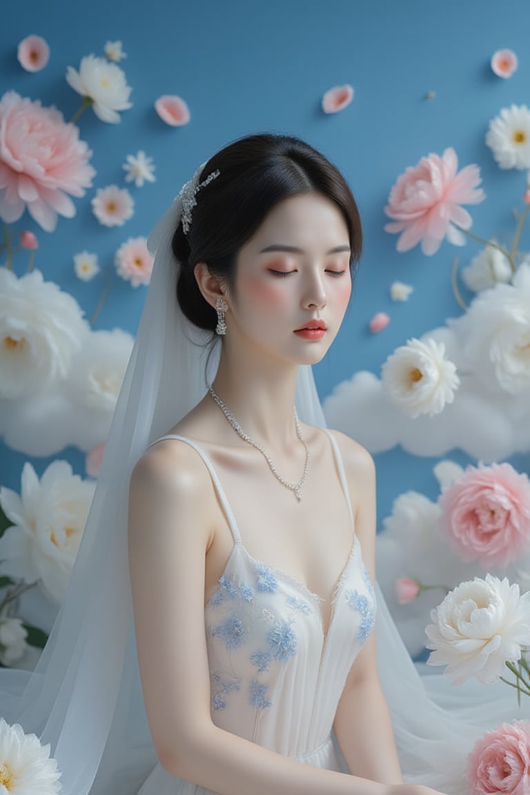 A serene young Asian woman, dressed in a flowing white sleeveless dress with delicate blue accents, sits poised amidst a whimsical floral arrangement. Soft focus envelops the scene as petals unfold like brushstrokes on canvas. A slender white ribbon secures her neat low bun, while silver jewelry glints softly. Eyes closed, she contemplates amidst vibrant flowers dancing across wavy clouds against a deep blue backdrop.