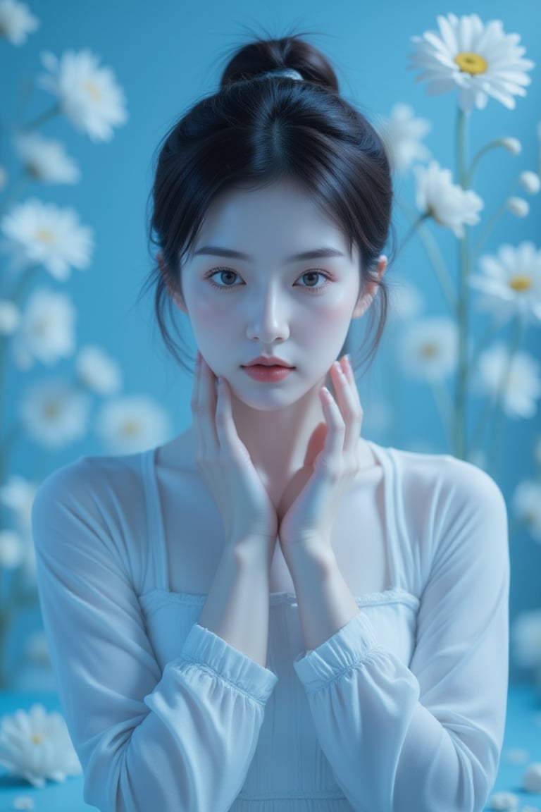 A serene woman cradles her cheek with gentle fingers, bathed in soft blue light. Against a whimsical backdrop of delicate florals and abstract shapes, she exudes tranquility, suspended in meditation. Delicate petals swirl around her, set against a subtle gradient of blues and whites, evoking the peaceful atmosphere of a still pond at dawn.