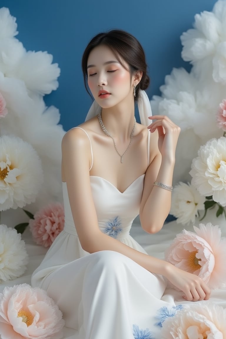 A serene young Asian woman, adorned in a flowing white sleeveless dress with delicate blue accents, sits poised amidst a whimsical floral arrangement, its petals unfolding like tender brushstrokes on a canvas of soft focus. Her hair is styled in a neat low bun, secured by a slender white ribbon that wraps delicately around her neck like a whispered secret. A silver necklace and bracelet glint softly, imbuing the scene with subtle luminescence. As she sits elegantly, eyes closed in quiet contemplation, vibrant flowers seem to dance across wavy white clouds drifting lazily against the deep blue backdrop, their gentle movements echoing the soft rhythm of her peaceful reverie.,luxury style