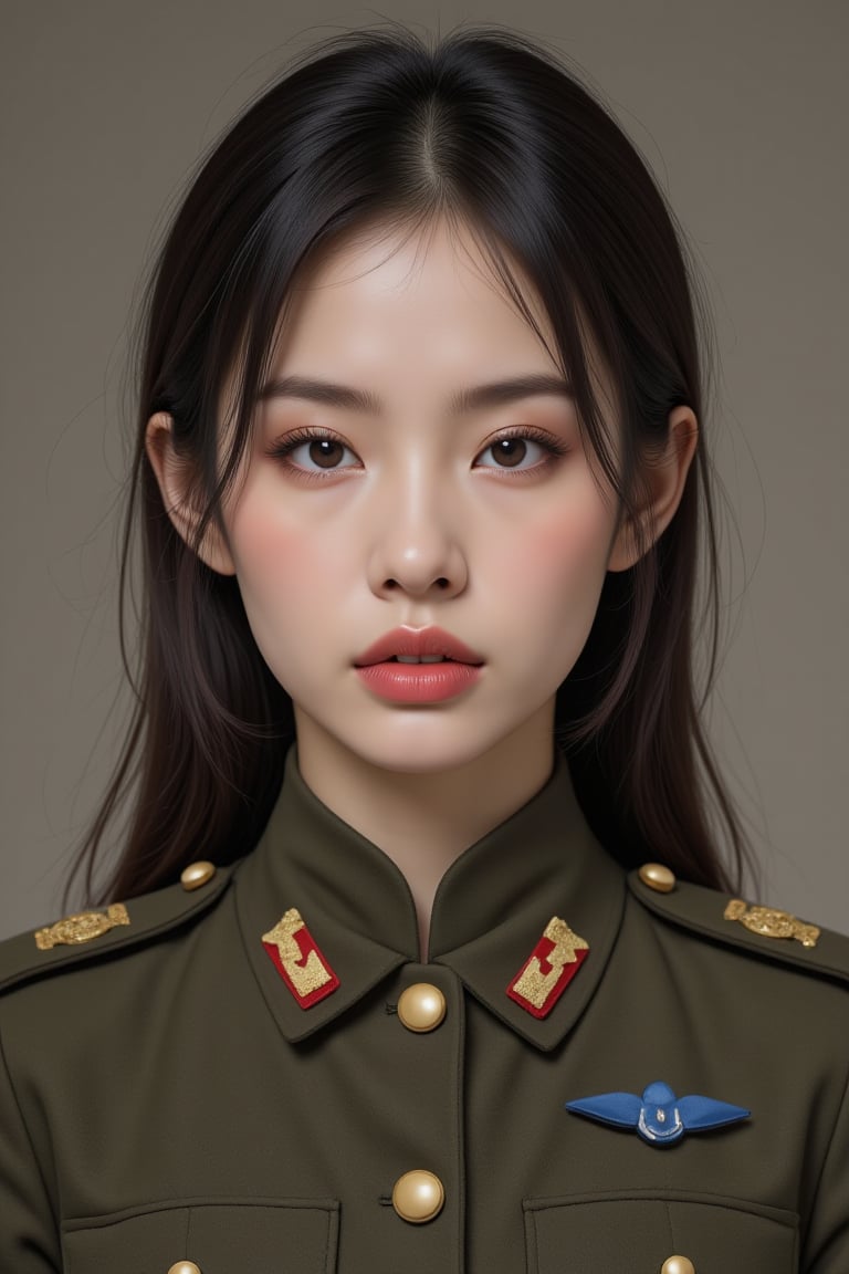 a portrait in soviet union style of a North Korean girl who is a military general in the Juche army,Golden Ratio Portrait,Enhanced all